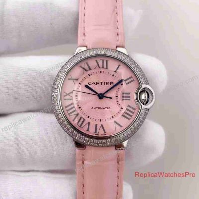 Replica Ballon Bleu De Cartier Ladies Watch Pink Diamond Bezel leather band